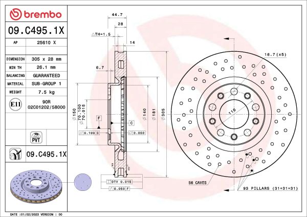 Disc frana -> ALFA ROMEO GIULIA (952_) 2.2 D (952AGA250, 952AGM250, 952ASM2, 952ASA2) diesel 136 cai -> BREMBO 09.C495.1X