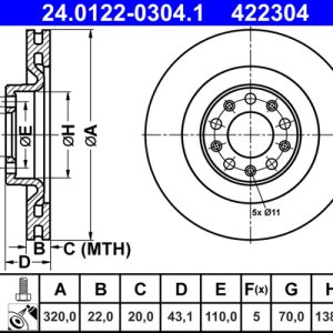 Disc frana -> ALFA ROMEO GIULIA (952_) 2.2 D Q4 (952AHA45, 952AMA4) diesel 209 cai -> ATE 24.0122-0304.1