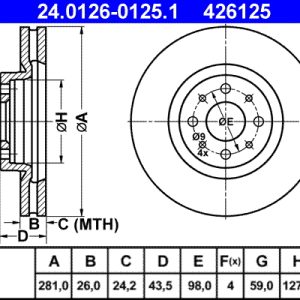 Disc frana -> ALFA ROMEO MITO (955_) 1.3 MultiJet (955AXT1A, 955AYA1A) diesel 80 cai -> ATE 24.0126-0125.1
