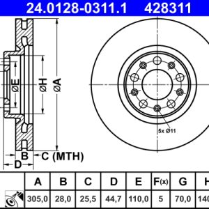 Disc frana -> ALFA ROMEO GIULIA (952_) 2.2 D (952AGA250, 952AGM250, 952ASM2, 952ASA2) diesel 136 cai -> ATE 24.0128-0311.1