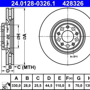 Disc frana -> ALFA ROMEO STELVIO (949_) 2.0 Q4 (949.AXF2A) benzina 201 cai -> ATE 24.0128-0326.1