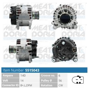 Alternator AUDI A3 (8P1) 1.6 TDI diesel 90 cai MEAT DORIA 5515043