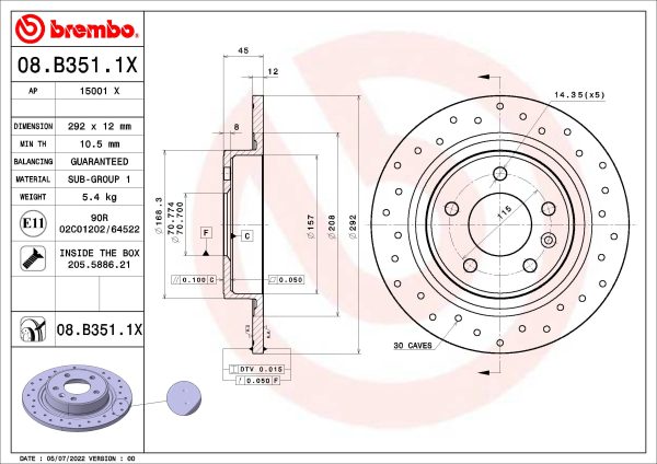Disc frana -> CHEVROLET CRUZE (J300) 1.4 benzina 101 cai -> BREMBO 08.B351.1X
