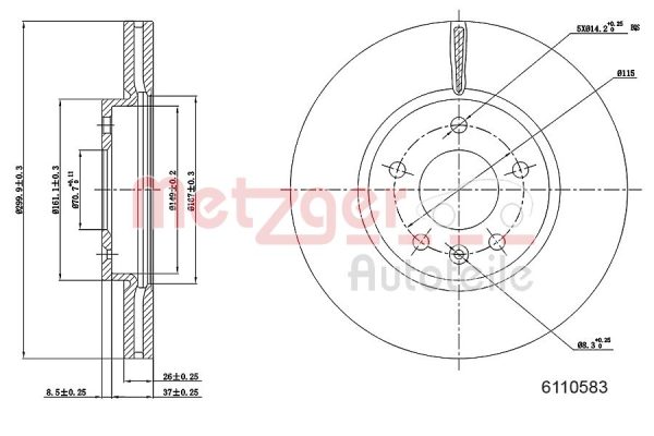 Disc frana -> CHEVROLET CRUZE hatchback (J305) 1.4 benzina 140 cai -> METZGER 6110583