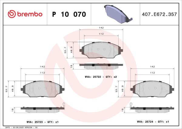 Placute frana -> CHEVROLET AVEO hatchback (T300) 1.2 benzina 69 cai -> BREMBO P 10 070