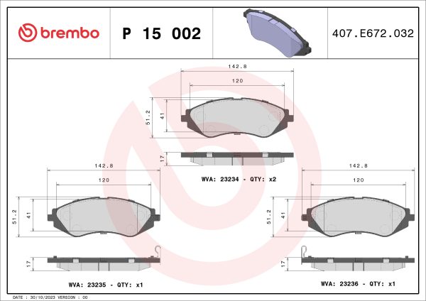 Placute frana CHEVROLET LACETTI combi (J200) 1.6 LPG Benzina/Autogaz (GPL) 109 cai BREMBO P 15 002