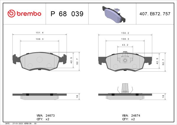 Placute frana DACIA LOGAN pick-up (US_) 1.5 dCi (US00, US0J, US0Y) diesel 65 cai BREMBO P 68 039