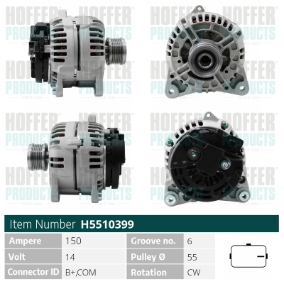 Alternator HOFFER H5510399 DACIA SANDERO II 1,461 cmc (K9K 626, K9K 612) diesel 90 HOFFER H5510399