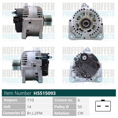 Alternator HOFFER H5515093 DACIA LOGAN pick-up (US_) 1,461 cmc (K9K 892) diesel 88 HOFFER H5515093