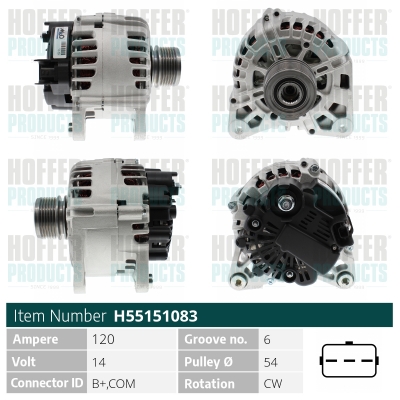 Alternator HOFFER H55151083 DACIA SANDERO II 1,461 cmc (K9K 626, K9K 612) diesel 90 HOFFER H55151083