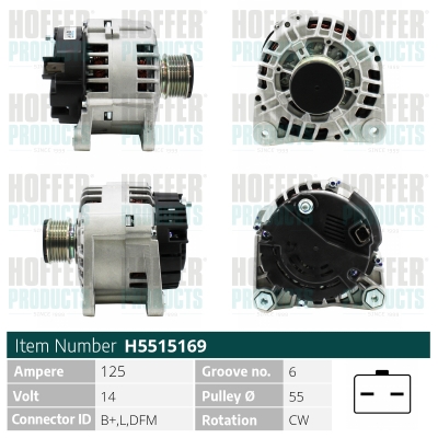Alternator HOFFER H5515169 DACIA LOGAN MCV II 1,461 cmc (K9K 626, K9K 612) diesel 75 HOFFER H5515169
