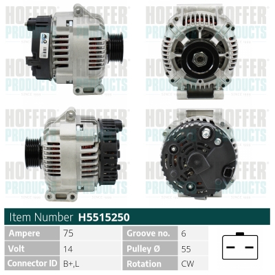 Alternator HOFFER H5515250 DACIA SANDERO 1,598 cmc (K7M 818) Benzina/Autogaz (GPL) 84 HOFFER H5515250