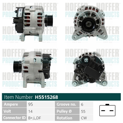 Alternator HOFFER H5515268 DACIA SANDERO 1,598 cmc (K7M 818) Benzina/Autogaz (GPL) 84 HOFFER H5515268