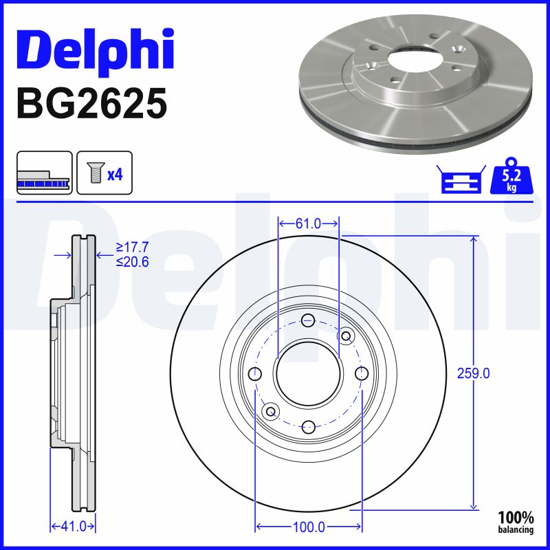 Disc frana DELPHI BG2625 DACIA SANDERO 1,390 cmc (K7J 714, K7J 710) benzina 75 DELPHI BG2625