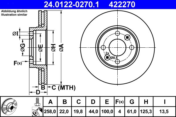 Disc frana ATE 24.0122-0270.1 DACIA LOGAN II 1,461 cmc (K9K 872) diesel 95 ATE 24.0122-0270.1