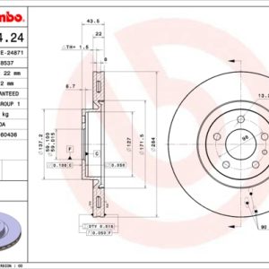 Disc frana FIAT DOBLO Cargo (263_) 1.3 D Multijet (263WXU1A, 263ZXU1A, 263WYB1A, 263ZYB1A) diesel 95 cai BREMBO 09.9624.24