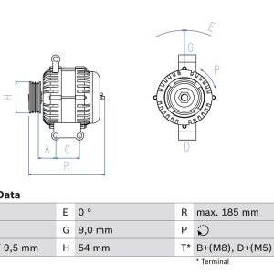 Alternator FIAT DOBLO Cargo (263_) 1.3 D Multijet (263WXU1A, 263ZXU1A, 263WYB1A, 263ZYB1A) diesel 95 cai BOSCH 0 986 048 781