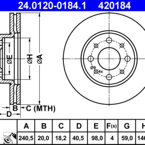 Disc frana FIAT 500 C (312_) 1.2 (312CXA1A, 312AXA1A) benzina 69 cai ATE 24.0120-0184.1