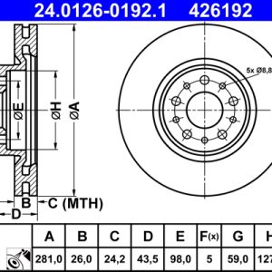Disc frana FIAT TIPO limuzina (356_, 357_) 1.4 LPG (356SXF1B) Benzina/Autogaz (GPL) 120 cai ATE 24.0126-0192.1