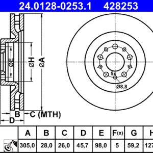 Disc frana FIAT DOBLO Cargo (263_) 1.3 D Multijet (263WXU1A, 263ZXU1A, 263WYB1A, 263ZYB1A) diesel 95 cai ATE 24.0128-0253.1