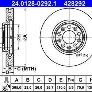 Disc frana FIAT 500X (334_) 1.0 (334.AXN1B) benzina 114 cai ATE 24.0128-0292.1