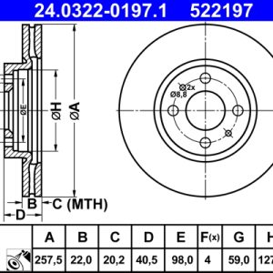 Disc frana FIAT 500 (312_) 0.9 (312AXM1B) benzina 105 cai ATE 24.0322-0197.1
