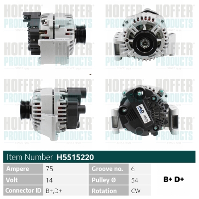 Alternator FIAT PANDA Caseta/ Hatchback (169_) 1.3 D Multijet 4x4 diesel 75 cai HOFFER H5515220