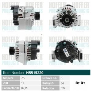 Alternator FIAT QUBO (225_) 1.3 D Multijet (225CXB1A, 225AXB1A, 225CXB11, 225AXB11,... diesel 75 cai HOFFER H5515220