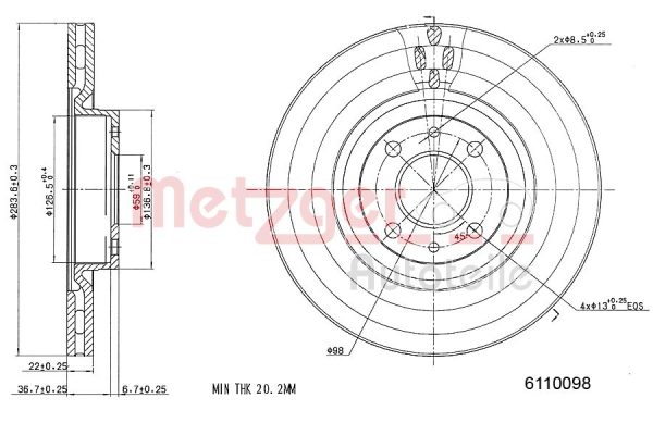 Disc frana FIAT QUBO (225_) 1.3 D Multijet (225AXE1A, 225CXE1A, 225AXH1A, 225AXL1A,... diesel 95 cai METZGER 6110098