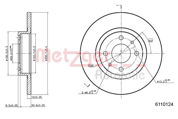 Disc frana FIAT 500 C (312_) 0.9 (312AG1A) benzina 86 cai METZGER 6110124