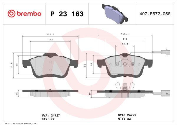 Placute frana FIAT DOBLO Cargo (263_) 1.3 D Multijet (263WXU1A, 263ZXU1A, 263WYB1A, 263ZYB1A) diesel 95 cai BREMBO P 23 163