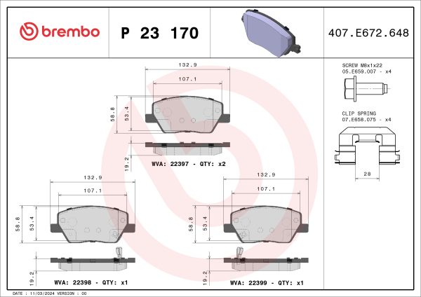 Placute frana FIAT TIPO limuzina (356_, 357_) 1.3 D (356SXB1A, 356SXH1A, 356SXD1A) diesel 95 cai BREMBO P 23 170