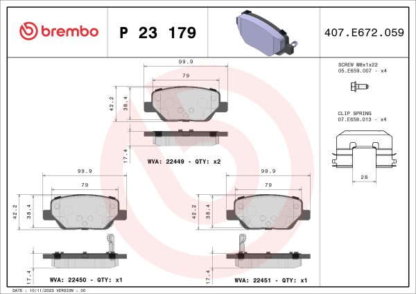 Placute frana FIAT TIPO combi (356_, 357_) 1.0 (357WXN1A) benzina 101 cai BREMBO P 23 179