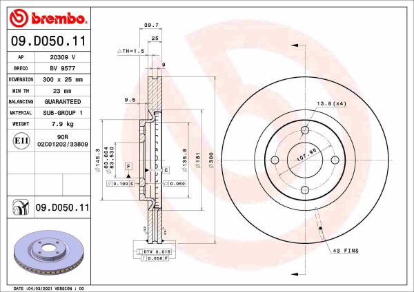 Disc frana FORD ECOSPORT 1.5 TDCi EcoBlue diesel 120 cai BREMBO 09.D050.11