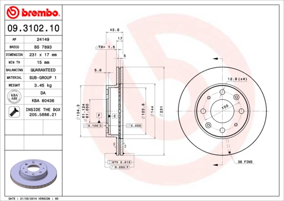 Disc frana HONDA CIVIC V limuzina (EG, EH) 1.3 (EG7) benzina 75 cai BREMBO 09.3102.10