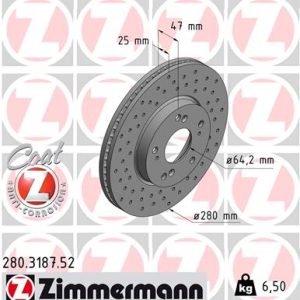 Disc frana HONDA CIVIC IX (FK) 1.4 i-VTEC (FK1) benzina 99 cai ZIMMERMANN 280.3187.52