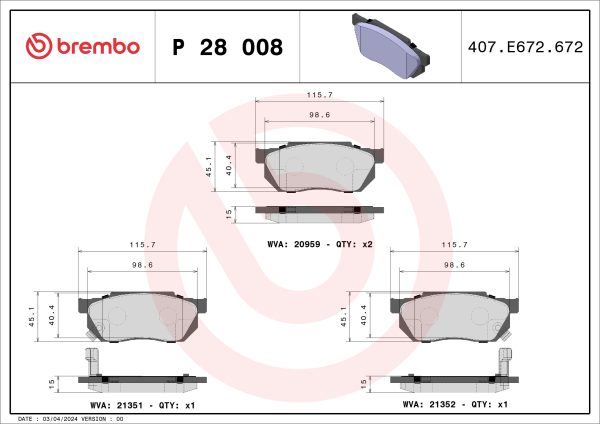 Placute frana HONDA CIVIC III limuzina (AM, AK, AU) 1.5 (AAH, SC9) benzina 86 cai BREMBO P 28 008