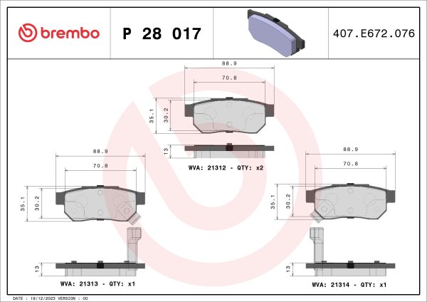 Placute frana HONDA CIVIC IV Hatchback (EC, ED, EE, EF) 1.6 i 16V (ED7) benzina 109 cai BREMBO P 28 017