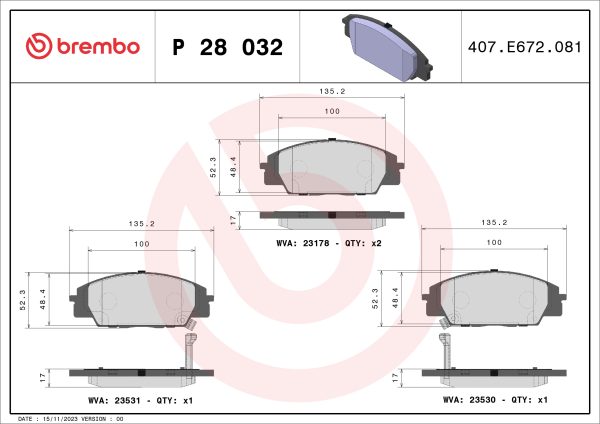 Placute frana HONDA CIVIC VII Hatchback (EU, EP, EV) 2.0 Type-R (EP3) benzina 200 cai BREMBO P 28 032