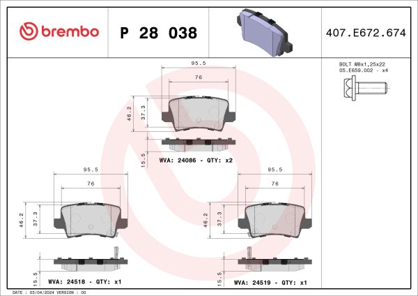 Placute frana HONDA CIVIC VIII Hatchback (FN, FK) 1.4 (FK1) benzina 83 cai BREMBO P 28 038