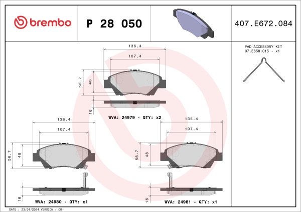 Placute frana HONDA CIVIC VIII limuzina (FD, FA) 1.3 (FD3) benzina 116 cai BREMBO P 28 050