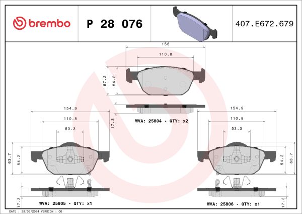 Placute frana HONDA CIVIC X hatchback (FC_, FK_) 1.0 VTEC (FK6) benzina 129 cai BREMBO P 28 076