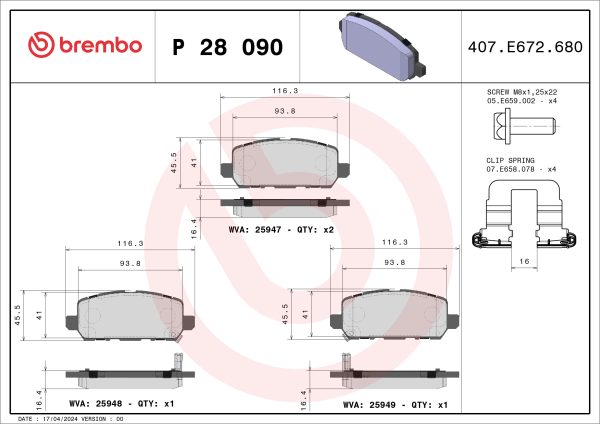 Placute frana HONDA HR-V (RU) 1.5 (RU1) benzina 130 cai BREMBO P 28 090