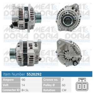 Alternator MEAT DORIA 5520292 ISUZU D-MAX I (TFR, TFS) 2,999 cmc (4JJ1-TC, 4JJ1E4C-L) diesel 163 MEAT DORIA 5520292