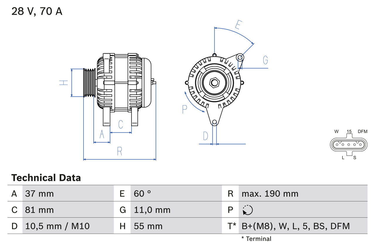 Alternator IVECO EUROCARGO V 140E28, 140E28FP, 140E28P diesel 280 cai BOSCH 0 986 045 160