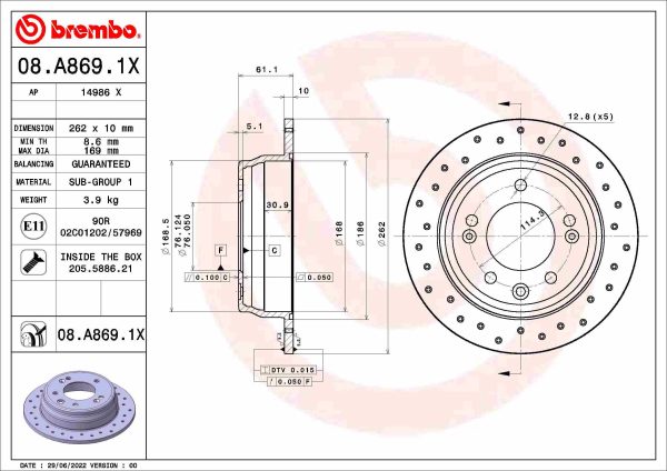 Disc frana KIA PRO CEED (ED) 2.0 benzina 143 cai BREMBO 08.A869.1X