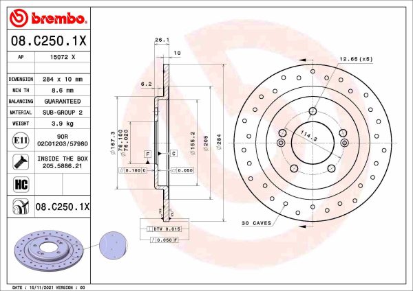 Disc frana KIA CEED (JD) 1.0 T-GDI benzina 100 cai BREMBO 08.C250.1X
