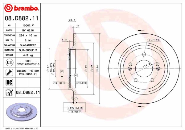 Disc frana KIA SELTOS (SP2, SP2I) 1.6 T-GDi 4WD (SP2) benzina 177 cai BREMBO 08.D882.11