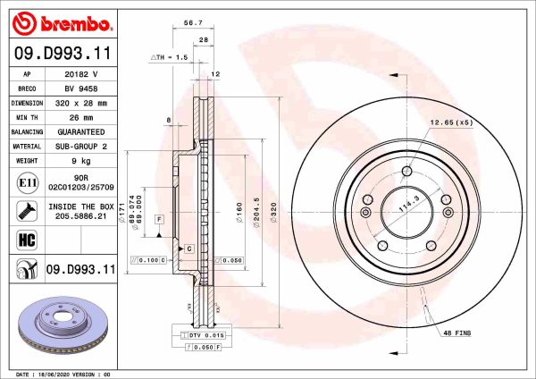Disc frana KIA STINGER Hatchback Van (CK) 2.2 CRDi VGT diesel 200 cai BREMBO 09.D993.11