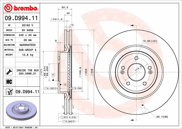 Disc frana KIA STINGER (CK) 2.0 T-GDI 4WD benzina 197 cai BREMBO 09.D994.11